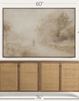 wooden sideboard with wicker doors and a framed landscape painting above it, with dimensions indicated.