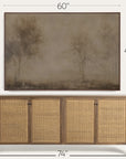 wooden sideboard with wicker doors and a large framed landscape painting above it, with measurements indicated.
