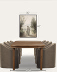 framed artwork above a wooden table with gray chairs, showing dimensions.