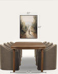 wooden table with four gray chairs and a framed painting on a white background