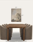 wooden table with four curved brown chairs and a framed picture on a white background