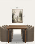 dining room setup with a wooden table and gray chairs, featuring dimensions on a white background.