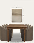 wooden dining table with four gray chairs and dimensions displayed on a white background