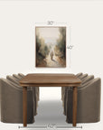 wooden table with four gray chairs and a painting above on a white background