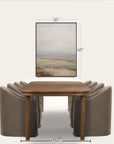 wooden table with gray chairs and a framed landscape picture on a white background