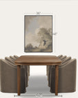 wooden dining table with four gray chairs and a framed picture on the wall, with measurements indicated.