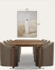 dining table with chairs and a framed picture on the wall, with measurements indicated.