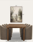 dining table with chairs and a framed artwork on the wall, with measurements indicated.