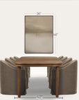 dining table with chairs and dimensions labeled on a white background