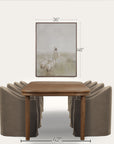 dining table with chairs and a framed picture on the wall, with measurements indicated.