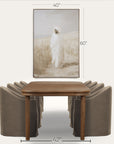 wooden table with brown chairs and a painting in the background, with measurements indicated.