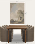 brown wooden table with gray upholstered chairs and a landscape painting in the background, with measurements indicated.