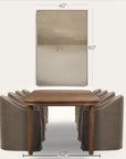 dining table with chairs and dimensions labeled on a white background