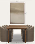 dining table with chairs and dimensions labeled on a white background