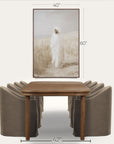 wooden table with four curved brown chairs and a framed landscape painting above on a white background.