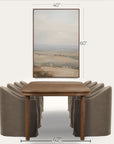 dining table with chairs and a landscape painting, with dimensions displayed.