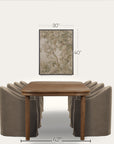 a dining table set with upholstered chairs shown against a light neutral background, with dimension callouts indicating the wall art above the table is 30 by 40 inches and the table width is 42 by 42 inches.