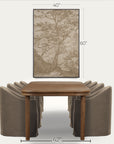 a framed vertical wall art print showing a sepia-toned tree landscape, displayed above a wooden dining table and upholstered chairs on a light gray background. black dimension lines and text indicate the artwork is 40 inches wide by 60 inches tall, with the dining set below measuring 42 inches wide.