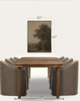 a dining table set with upholstered chairs shown against a light neutral background, with a framed landscape painting above the table and dimension labels indicating 30 inches wide, 40 inches tall, and 42 inches deep.