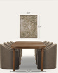 a dining table set with upholstered chairs shown against a light neutral background, with dimension callouts indicating 30 by 40 inches for wall art above the table and 42 inches for the table width.