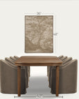 a framed wall art print showing a sepia-toned tree landscape, displayed above a wooden dining table and upholstered chairs. the image includes dimension labels indicating the artwork is 36 by 48 inches, with the table shown as 42 by 42 inches.