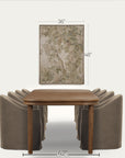 a dining table set with upholstered chairs shown below a framed botanical wall art print, with dimension labels indicating 36 inches wide, 48 inches tall, and 42 inches table width on a light neutral background.