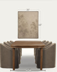 a dining table set with upholstered chairs shown against a light neutral background, with a framed wall art piece above. dimension lines indicate 36 inches wide, 48 inches tall for the wall art, and 42 inches wide for the table.