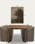 a framed landscape painting of a tree in a field, shown above a wooden dining table and upholstered chairs on a light gray background. measurement labels indicate 36 inches wide, 48 inches tall for the artwork, and 42 inches wide for the furniture.