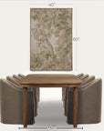 a dining room scene showing a wooden dining table with upholstered chairs, plus a framed botanical wall art piece above. black dimension lines and text indicate the wall art is 40 by 60 inches, and the table is 42 by 42 inches.