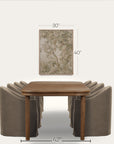 a dining table set with six upholstered chairs in a warm brown wood finish, shown below a framed botanical wall art piece. black dimension lines and text indicate the table is 42 inches wide, the chairs are 30 inches deep, and the wall art is 40 inches tall, all against a clean off-white background.
