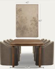 a dining room scene showing a wooden dining table with upholstered chairs beneath a framed wall art piece. black dimension lines and text indicate the wall art is 40 by 60 inches, while the table is 42 by 42 inches.