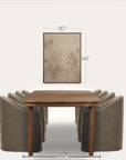a dining table set with eight upholstered chairs in a warm taupe-brown color, shown below a framed wall art print with dimension lines indicating 30 inches wide by 40 inches high. the entire scene is set against a clean, off-white background with a dimension line at the bottom indicating the table width is 42 inches.