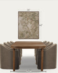 a dining table set with upholstered chairs shown against a light neutral background, with overlaid dimension lines and text indicating 42 inches wide, 36 inches high, and 48 inches for the wall art above.