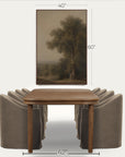 a framed landscape painting of a tree in a muted natural palette, shown above a wooden dining table and upholstered chairs on a light gray background. white dimension lines and text indicate the artwork is 40 inches wide, 60 inches tall, and the table is 42 inches wide.