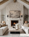 living room with stone fireplace, white sofas, and decorative elements.