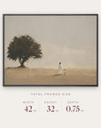 walk humbly in a black floater frame with its total framed size listed below: 42 inches wide, 32 inches high, and 0.75 inches deep.