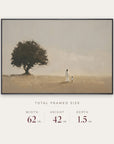 walk humbly in a black floater frame with its total framed size listed below: 62 inches wide, 42 inches high, and 1.5 inches deep.