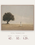 walk humbly in a light oak floater frame with its total framed size listed below: 42 inches wide, 32 inches high, and 1.25 inches deep.
