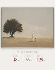 walk humbly in a light oak floater frame with its total framed size listed below: 48 inches wide, 36 inches high, and 1.25 inches deep.