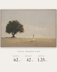 walk humbly in a light oak floater frame with its total framed size listed below: 62 inches wide, 42 inches high, and 1.25 inches deep.