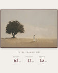walk humbly in a dark walnut floater frame with its total framed size listed below: 62 inches wide, 42 inches high, and 1.5 inches deep.