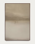 framed artwork of a minimal landscape with a person and dog in a vast, misty field.