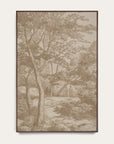 a framed art print featuring a sepia-toned sketch of a forest path with trees and two small figures, presented on a light neutral background.