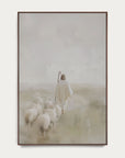 framed artwork of a shepherd with sheep in a misty landscape