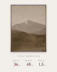 white mountains in a gold floater frame with its total framed size listed below: 36 inches wide, 48 inches high, and 1.5 inches deep.