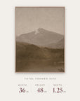white mountains in a light oak floater frame with its total framed size listed below: 36 inches wide, 48 inches high, and 1.25 inches deep.