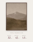 white mountains in a dark walnut floater frame with its total framed size listed below: 32 inches wide, 42 inches high, and 1.5 inches deep.