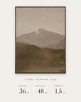 white mountains in a dark walnut floater frame with its total framed size listed below: 36 inches wide, 48 inches high, and 1.5 inches deep.