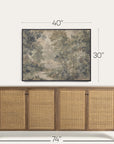 wooden sideboard with rattan doors and a framed landscape painting above it, with dimensions indicated. 