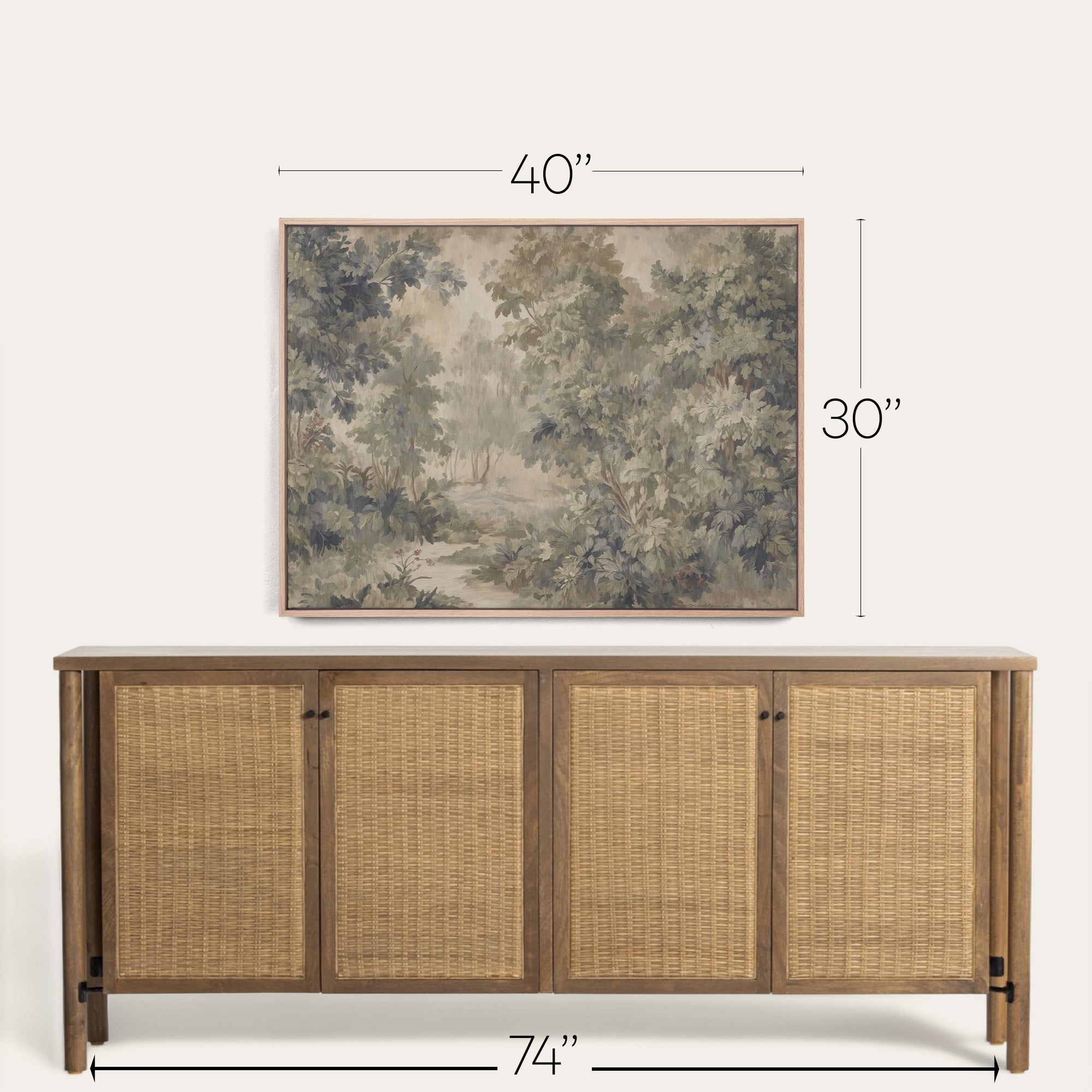 Wooden sideboard with rattan doors and a framed landscape painting above it, with dimensions indicated. 